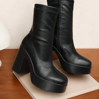 Women's Chunky Platform Ankle Boot High Block Heels Square Toe