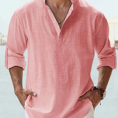 Men's Linen Stand Collar Long Sleeve Shirt